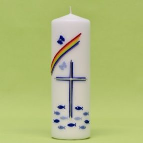 Kerze mit Kreuz, Regenbogen, Fischen und Schmetterlinge 220/70-0